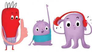 illustration of three characters, raising hand, wearing headphones, saying shhhh