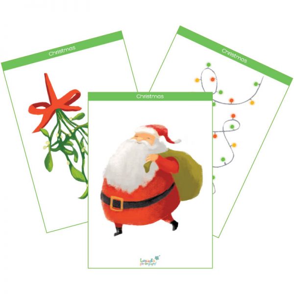 preview of a printable Christmas flashcard product cover, mistletoe, santa claus, fairy lights