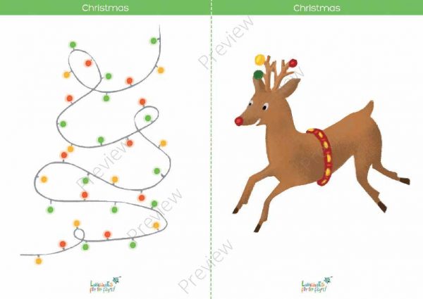 preview of a printable Christmas flashcard with lights & reindeer