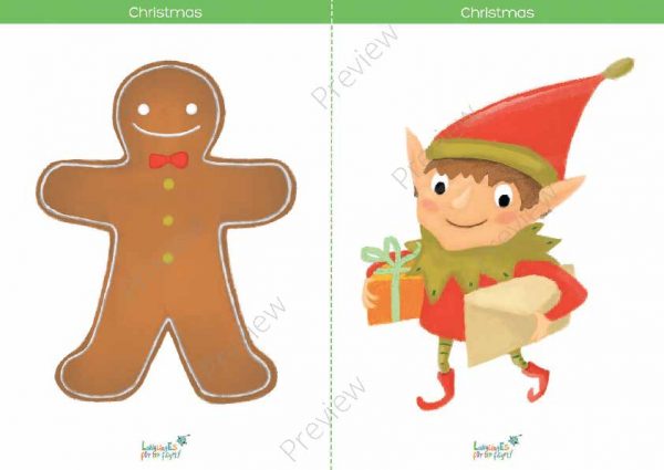 preview of a printable Christmas flashcard with gingerbread man & elf