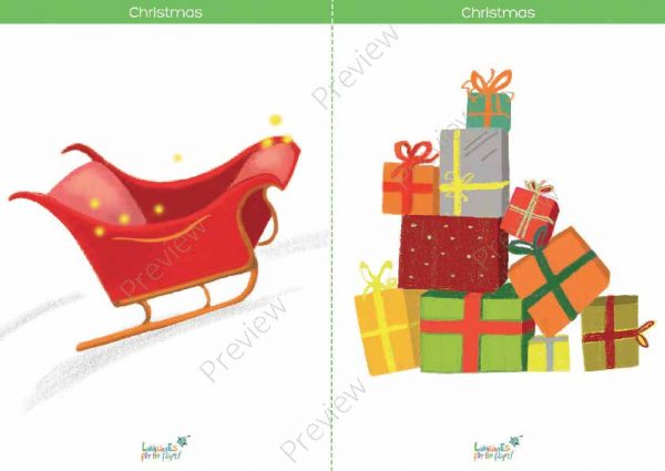 preview of a printable Christmas flashcard with sleigh & presents
