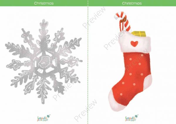 preview of a printable Christmas flashcard with snowflake & stocking
