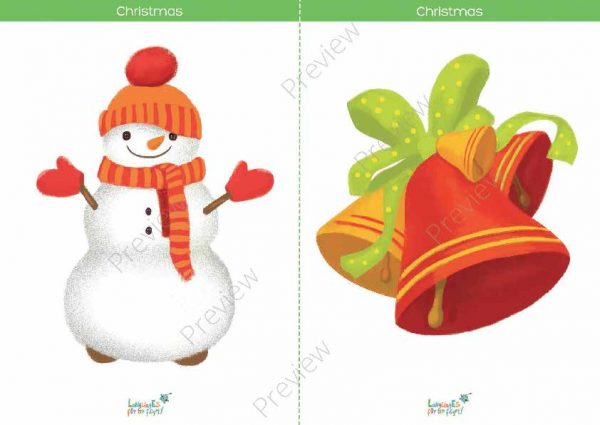 preview of a printable Christmas flashcard with snowman & bell