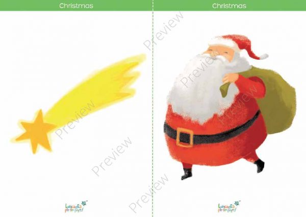 preview of a printable Christmas flashcard with star & Santa Claus