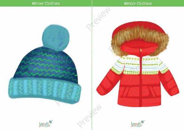 printable flashcards, winter clothes, hat & jacket