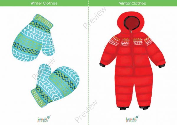 printable flashcards, winter clothes, mittens & snowsuit
