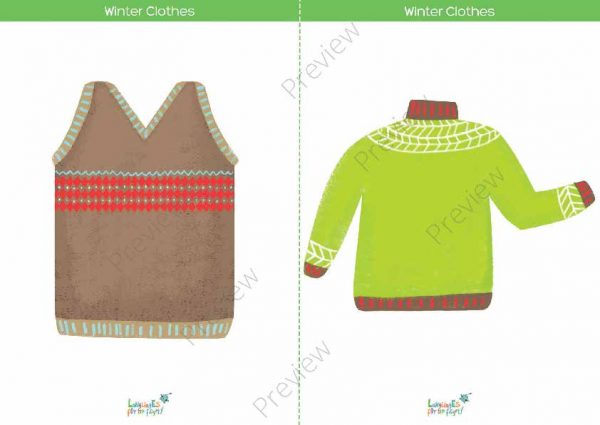 printable flashcards, winter clothes, vest & sweater