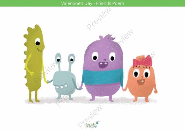 printable flashcards, 4 illustrated characters standing holding hands smiling