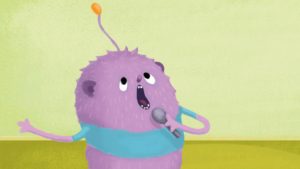 illustration of purple character singing, fidgety fred