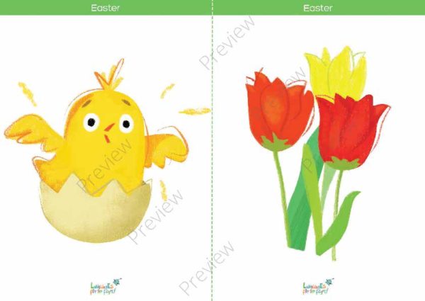 easter printable flashcards, chick in egg, tulips