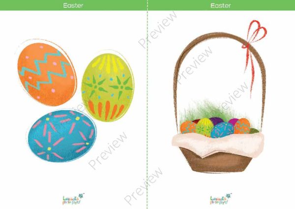 easter printable flashcards, decorated eggs, basket of eggs