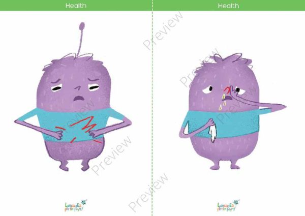 health printable flashcards, stomachache, runny nose