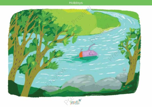 printable flashcards, summer holidays, swim in the river