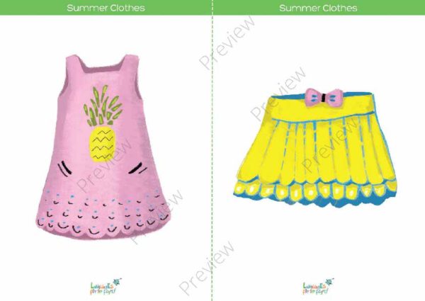 printable flashcards, summer clothes, dress, skirt