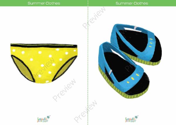 printable flashcards, summer clothes, panties, sandals