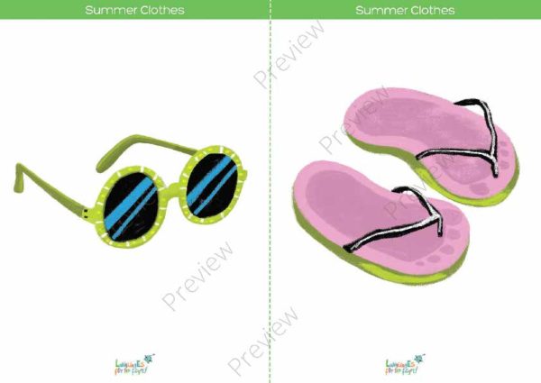 printable flashcards, summer clothes, sunglasses, flip flops