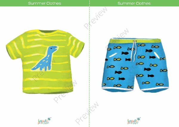 printable flashcards, summer clothes, t-shirt, shorts