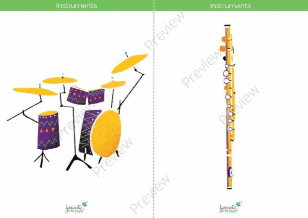 printable flashcards, musical instruments, drums, flute