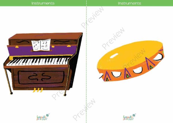 printable flashcards, musical instruments, piano, tambourine