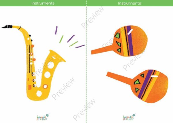 printable flashcards, musical instruments, saxophone, maracas
