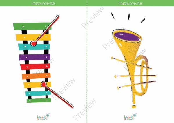 printable flashcards, musical instruments, xylophone, trumpet